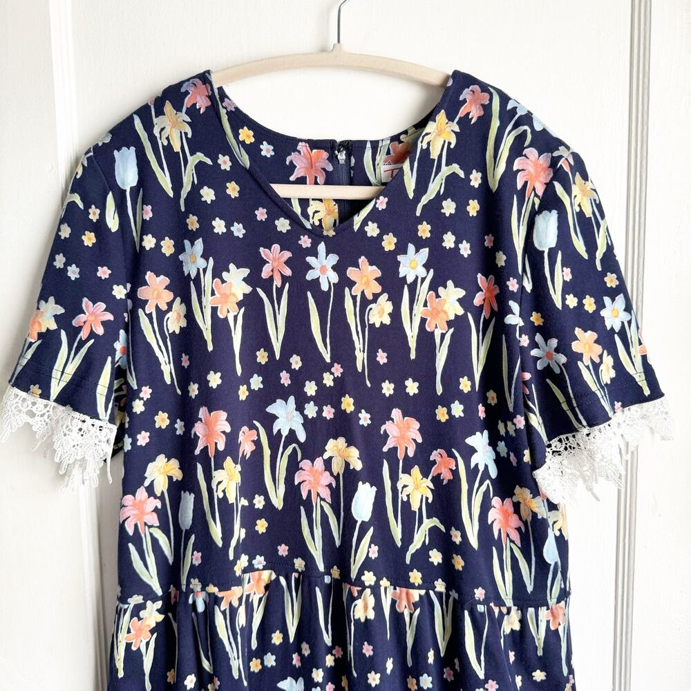 VTG Talbots Floral Maxi Dress Lace Sleeve Detail Tulip Print Navy Short Sleeve L - Picture 3 of 16